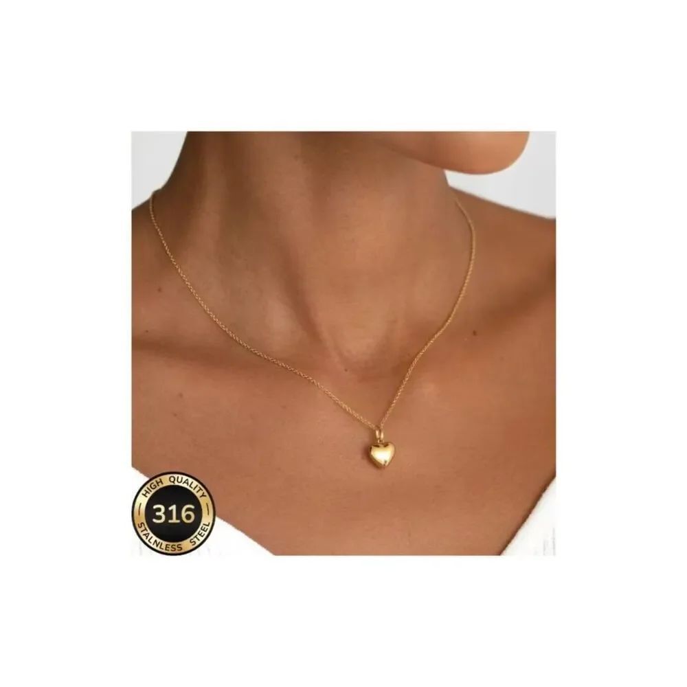 NWT 316L Stainless Steel 18K Gold Puffy Heart Pendant Necklace Dainty Minimalist